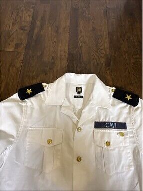 CAVI Military Style Shirt Short Sleeve White Gold Blue Size M